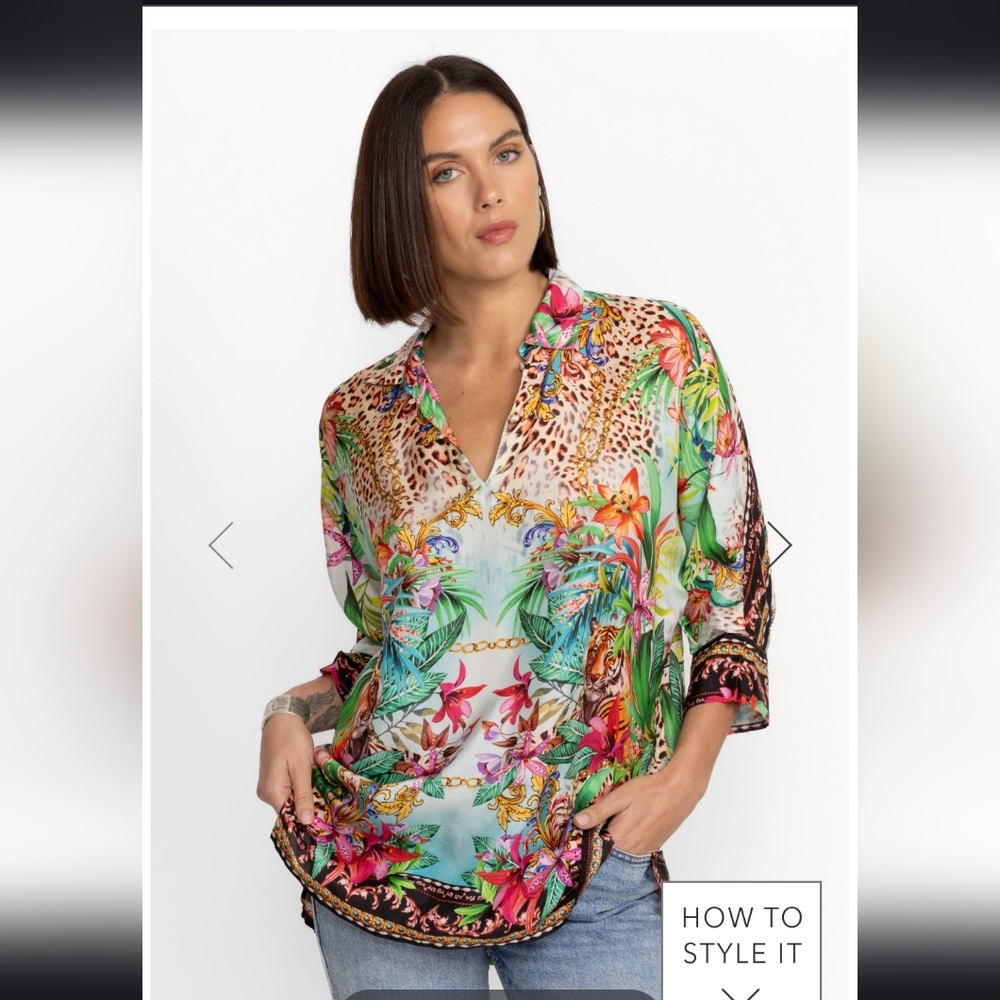 JOHNNY WAS SILK "AVINA" TIGER LEOPARD SCARF PRINT TUNIC ' SZ. MD - NWT! - Picture 2 of 9
